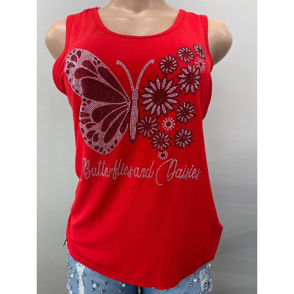WOMEN Tank Top Shirt Sleeveless Yoga Top Rhinestone Red S/M